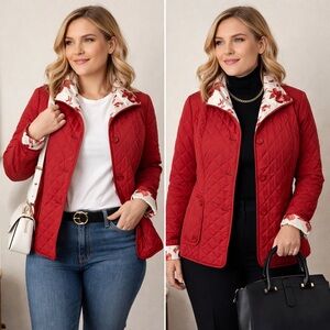 Gallery Red Quilted Jacket with Floral Accents